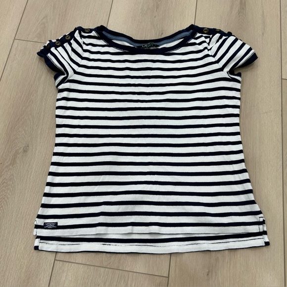 LAUREN Ralph Lauren Shirt Large White Blue Stripe Short Sleeve Buttons Shoulders - Picture 1 of 6